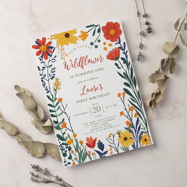Modern chic boho bright wild flowers 1st birthday invitation (Creator Uploaded)