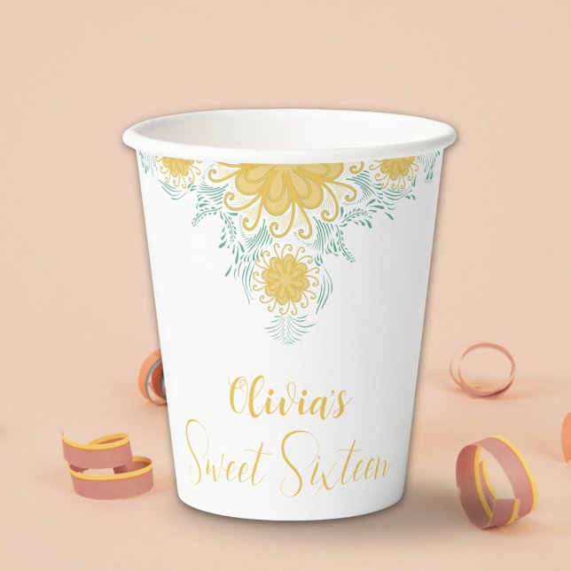 Modern Chic Boho Floral Sweet 16 Birthday Party Paper Cups (Creator Uploaded)