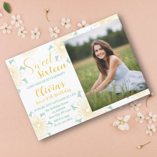 Modern Chic Boho Floral Sweet 16 Birthday Photo Invitation