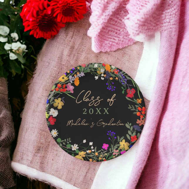 Modern chic boho wildflowers graduation paper plate (Modern chic boho wildflowers graduation paper plates black)