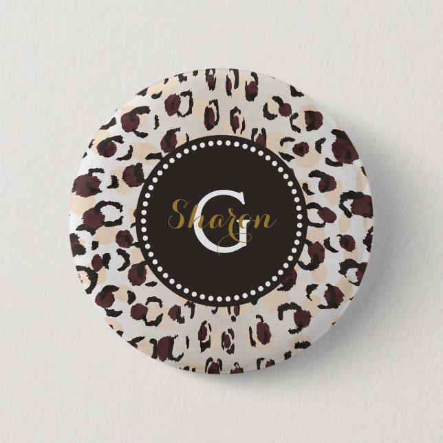 Modern chic brown cheetah print pattern monogram 6 cm round badge (Front)