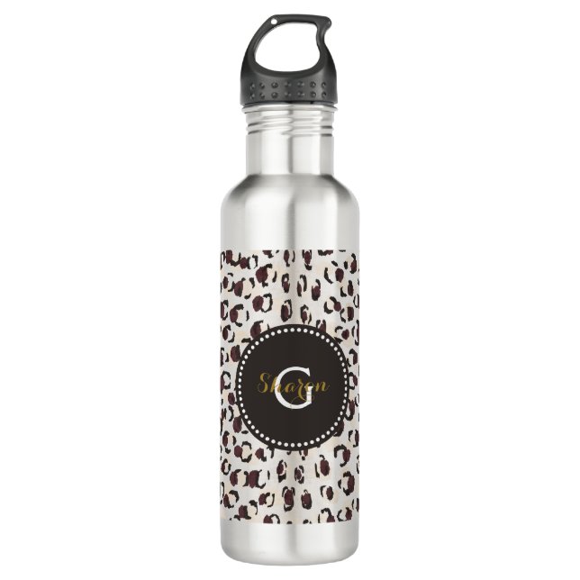 Modern chic brown cheetah print pattern monogram 710 ml water bottle (Front)
