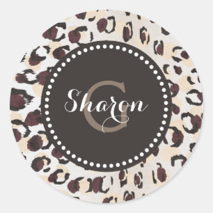 Modern chic brown cheetah print pattern monogram classic round sticker