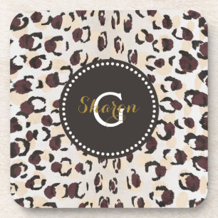 Modern chic brown cheetah print pattern monogram coaster