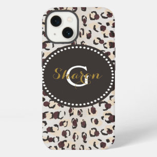 Modern chic brown cheetah print pattern monogram iPhone 13 case