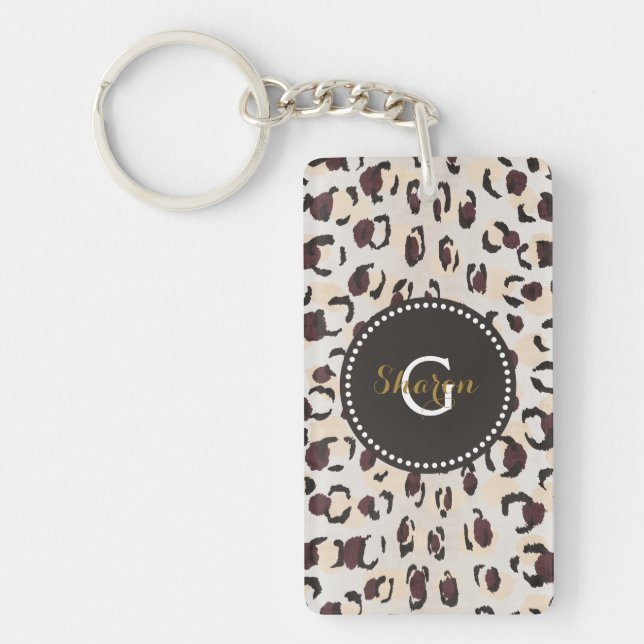 Modern chic brown cheetah print pattern monogram key ring (Front)