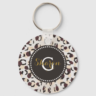 Modern chic brown cheetah print pattern monogram key ring