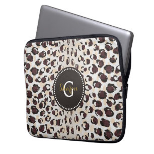 Modern chic brown cheetah print pattern monogram laptop sleeve