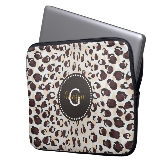 Modern chic brown cheetah print pattern monogram laptop sleeve (Front Left)