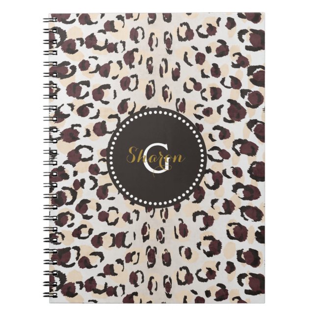 Modern chic brown cheetah print pattern monogram notebook (Front)
