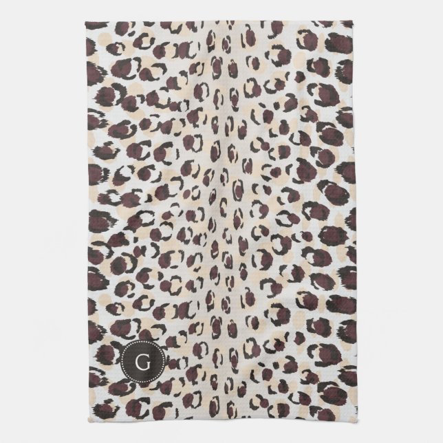 Modern chic brown cheetah print pattern monogram tea towel (Vertical)