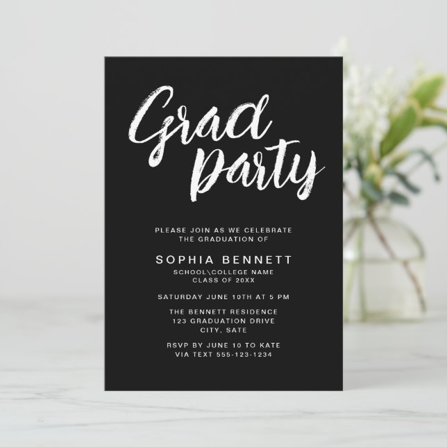 Modern Chic Brush Script Black & White Grad Party Invitation (Standing Front)