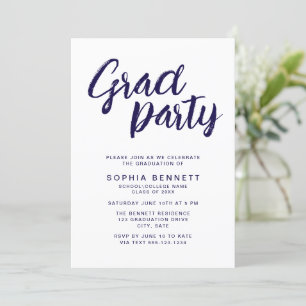 Modern Chic Brush Script Navy & White Grad Party Invitation