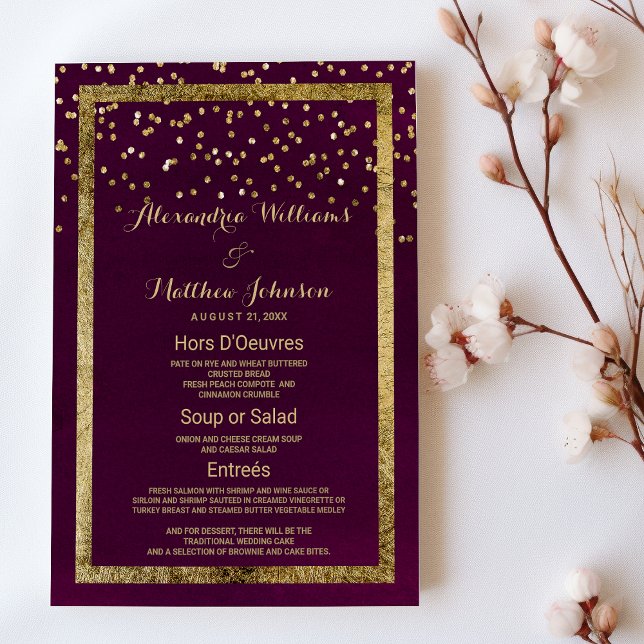 Modern chic burgundy gold confetti Wedding Menu (Modern chic burgundy gold confetti Wedding Menu)