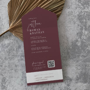 Modern Chic Burgundy Just Love QR Code Wedding All In One Invitation