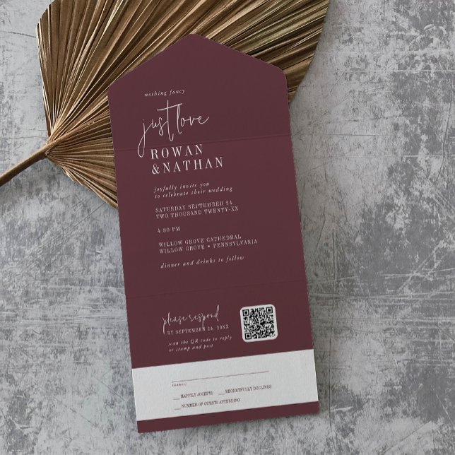 Modern Chic Burgundy Just Love QR Code Wedding All In One Invitation (Creator Uploaded)