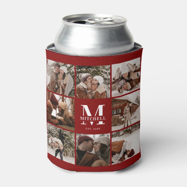 Modern Chic Burgundy Photo Collage Keepsake Can Cooler (Can Front)