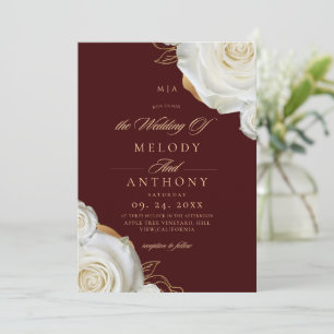 Modern Chic Burgundy White Rose Wedding Invitation