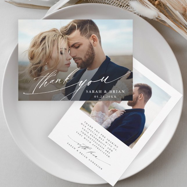 Modern Chic Calligraphy 2 Photo Wedding  Thank You Card (Creator Uploaded)