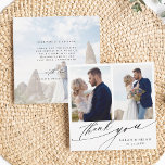 Modern Chic Calligraphy 3 Photo Wedding Square Thank You Card<br><div class="desc">Simple and modern wedding photo thank you card with an optional faded photo and custom text on the back. You can use this card for a wedding,  bridal shower,  engagement,  anniversary,  or any special event. For more advanced customisation of this design,  please click the BLUE DESIGN TOOL BUTTON.</div>