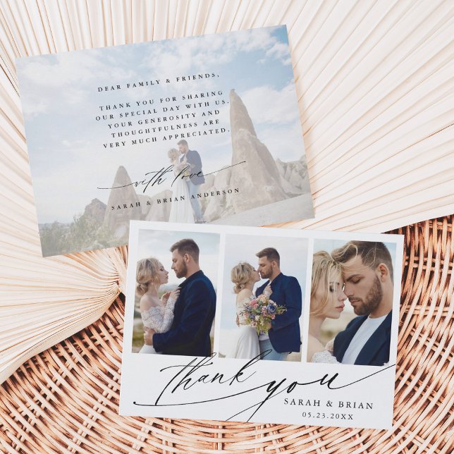 Modern Chic Calligraphy 4 Photo Wedding Thank You Card (Creator Uploaded)