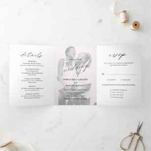 Modern Chic Calligraphy Simple Photo Wedding Tri-Fold Invitation