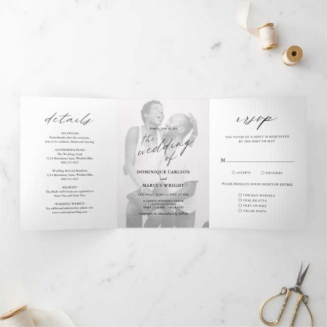 Modern Chic Calligraphy Simple Photo Wedding Tri-Fold Invitation (Inside)