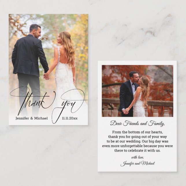 modern chic calligraphy thank you 2 photos wedding card (Front/Back)
