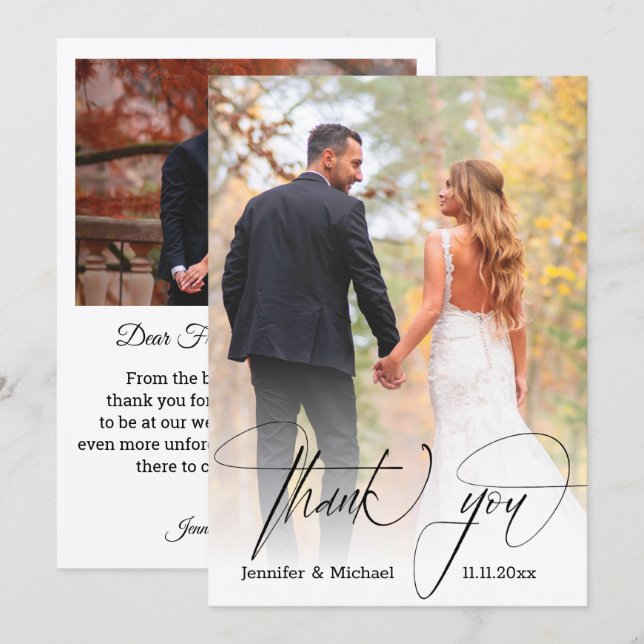 modern chic calligraphy thank you 2 photos wedding card (Front/Back)