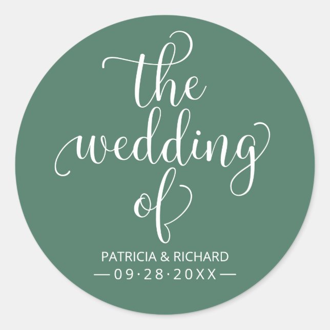 Modern Chic Calligraphy The Wedding Of Green Classic Round Sticker (Front)