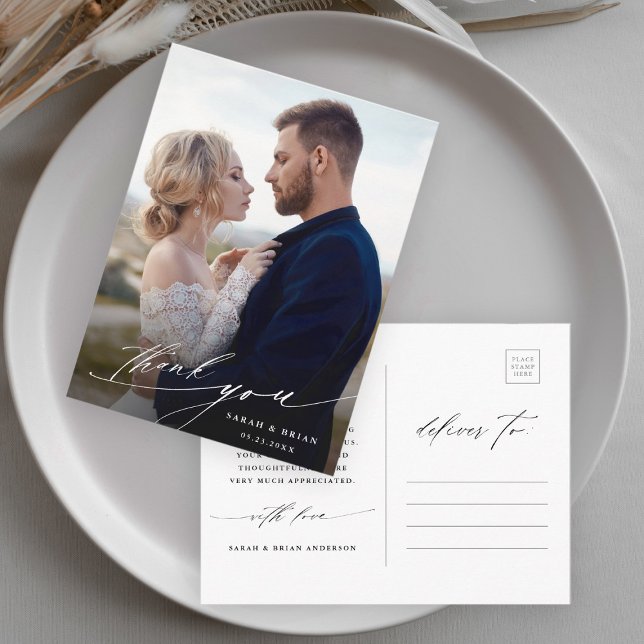 Modern Chic Calligraphy Wedding Photo Thank You Postcard (Creator Uploaded)