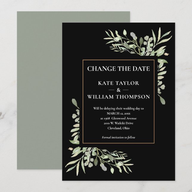 Modern Chic Change the Date Watercolour Greenery Invitation (Front/Back)