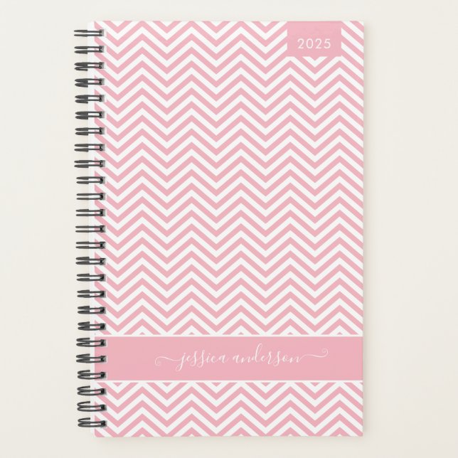 Modern Chic Chevron Zigzag Blush Pink Girly Script Planner (Front)
