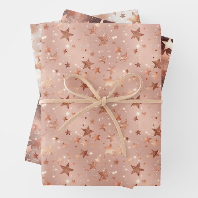 Modern Chic Christmas Rose Gold & Pink Stars Wrapping Paper Sheet (In situ)