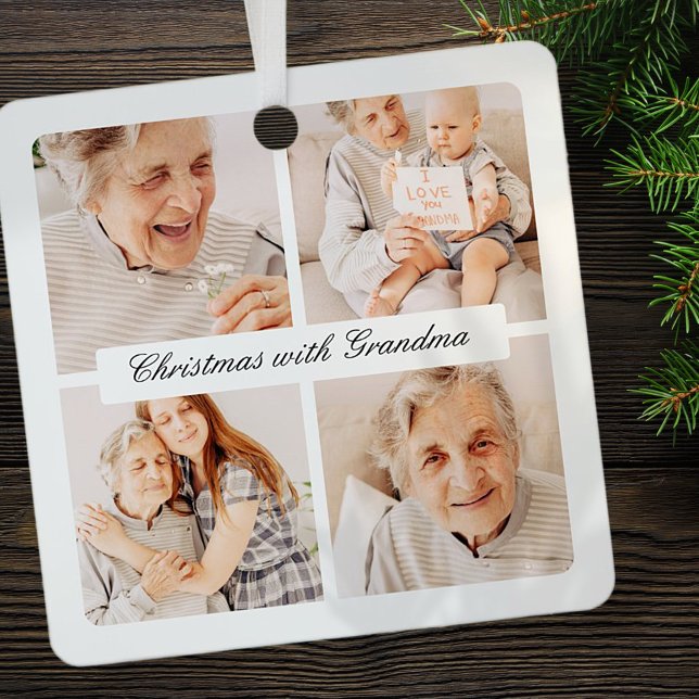 Modern Chic Christmas With Grandma 4 Photo Holiday Metal Tree Decoration (Creator Uploaded)
