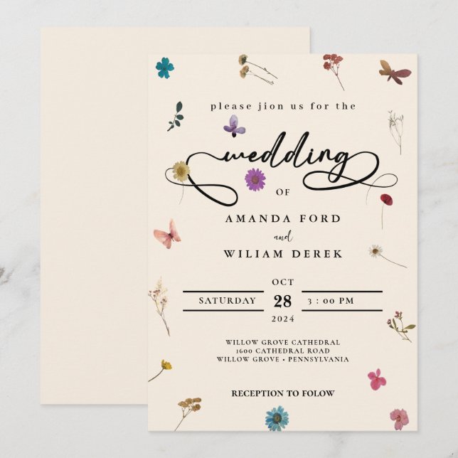 modern chic colourful cream wild flower Wedding Invitation (Front/Back)