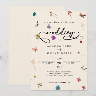 modern chic colourful cream wild flower Wedding Invitation