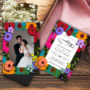 modern chic colourful flower Floral Photo Wedding Invitation