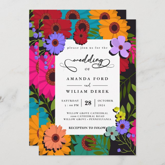 modern chic colourful flower  Rustic Floral Weddin Invitation (Front/Back)