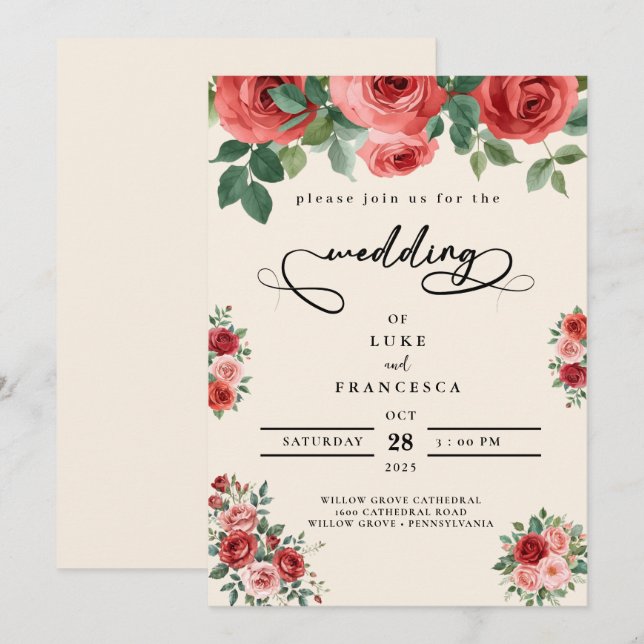Modern chic colourful flower wedding invitation (Front/Back)