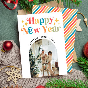 Modern Chic Colourful Retro Happy New Year Photo Holiday Card