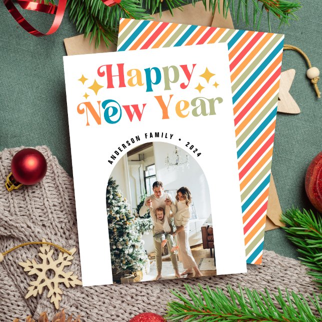 Modern Chic Colourful Retro Happy New Year Photo Holiday Card (Creator Uploaded)