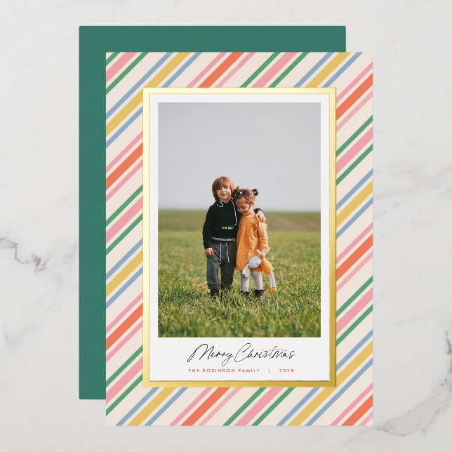 Modern Chic Colourful Stripes Christmas Foil Card (Front/Back)