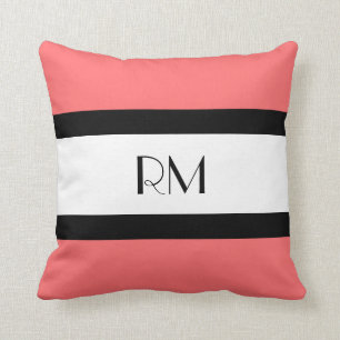 Modern Chic Coral Black White Monogrammed Pillow