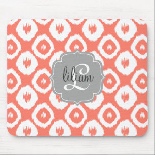 Modern Chic Coral Ikat Diamonds Personalised Mouse Mat