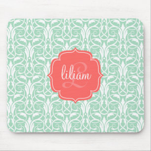 Modern Chic Coral & Mint Green Damask Personalised Mouse Mat