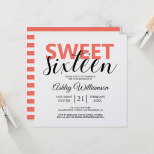 Modern Chic Coral White Stripes Sweet 16 Invitation