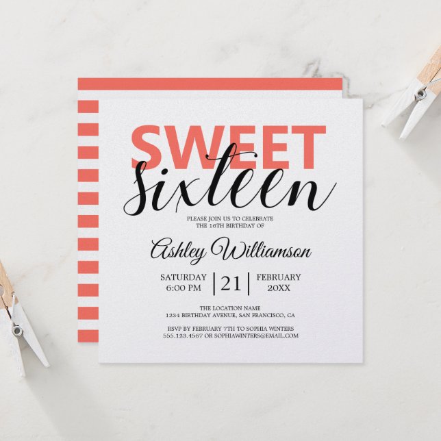 Modern Chic Coral White Stripes Sweet 16 Invitation (Front/Back In Situ)