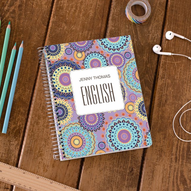 Modern Chic Cute Trendy Colorful Pattern Class Not Notebook (Personalized mandala class subject notebook with colorful geometric school design.)