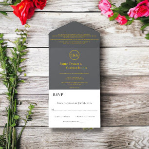 Modern Chic Dark Grey Gold Script Classy Wedding All In One Invitation